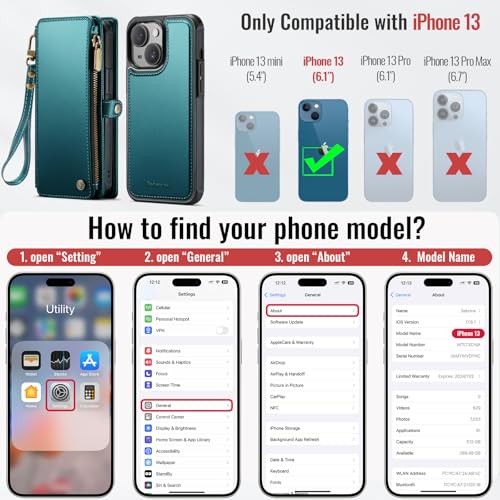 Defencase for iPhone 13 Phone Case Wallet Compatible with Magsafe, Green | Magnetic Detachable, Drop-Proof Protective Wallet Cases Cover, with RFID Bolcking Card Holder, Zipper Strap, Soft PU Leather - color: (Detachable with Magsafe)-Blue Green