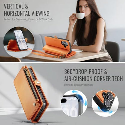 Defencase for iPhone 17 Phone Case Wallet Compatible with Magsafe, Orange | Magnetic Detachable, Drop-Proof Protective Wallet Cases Cover, with RFID Bolcking Card Holder, Zipper Strap, Soft PU Leather - color: (Detachable with Magsafe)-Orange