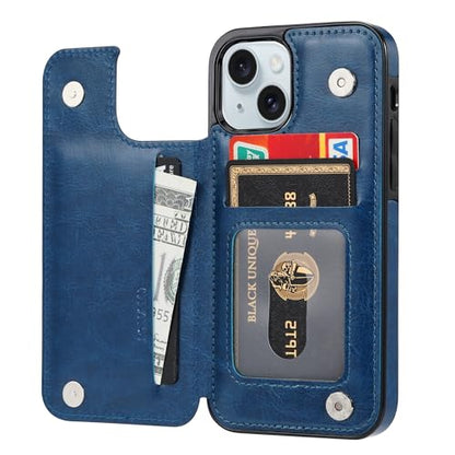 Wallet Case Compatible with iPhone 15,Slim Protective case with Card Holder,Premium PU Leather Kickstand Card Slots Case with 1 Screen Protective Glass for iPhone 15 (6.1")-Deep Blue - color: Deep Blue