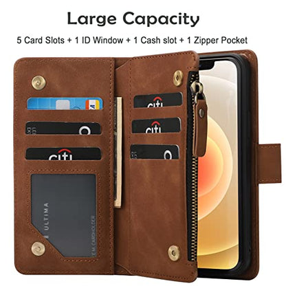 RANYOK Wallet Case Compatible with iPhone 13/14 (6.1 inch), Premium PU Leather Zipper Flip Folio Wallet RFID Blocking with Wrist Strap Magnetic Closure Built-in Kickstand Protective Case (Brown) - color: Brown