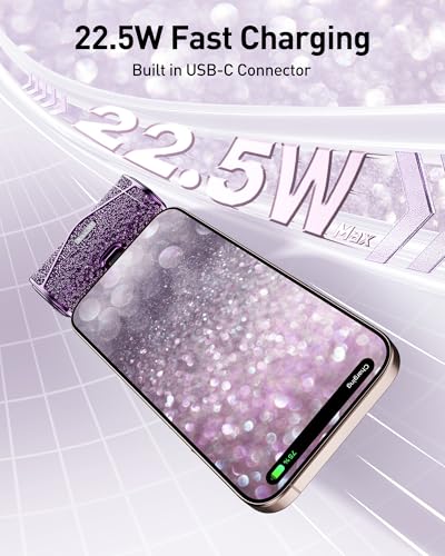 iWALK Upgraded Sparkly Portable Charger 22.5W, 5000mAh Power Bank for iPhone 18 Pro/17/16/15 Series, Mini Battery Pack with Built-in USB-C Connector Compatible with Samsung S25/24, iPad Air, AirPods - color: Purple