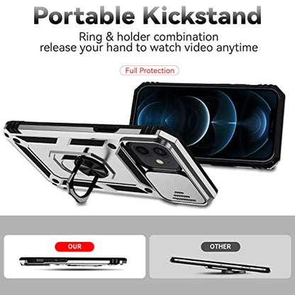 for iPhone 12 Mini Case with Camera Lens Cover HD Screen Protector, Dual Layer Military Grade Drop Protection Magnetic Ring Holder Kickstand Protective Phone Case for iPhone 12 Mini 5.4 inch (Silver) - color: Silver with camera cover Military-Grade 2nd ge