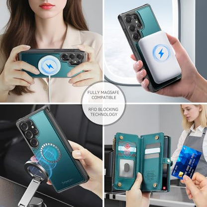 Defencase for Galaxy S23 Ultra Case Wallet Compatible with Magsafe, Green | Magnetic Detachable, RFID Bolcking Card Holder, Zipper Strap, PU Leather Drop-Proof Phone Cover for Samsung Galaxy S23 Ultra - color: (Detachable with Magsafe)-Blue Green