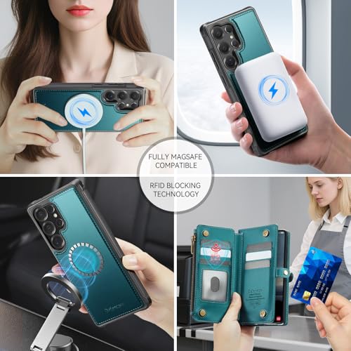 Defencase for Galaxy S22 Ultra Case Wallet Compatible with Magsafe, Green | Magnetic Detachable, RFID Bolcking Card Holder, Zipper Strap, PU Leather Drop-Proof Phone Cover for Samsung Galaxy S22 Ultra - color: (Detachable with Magsafe)-Blue Green