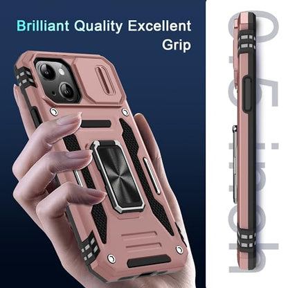DEERLAMN Case for iPhone 15 with Slide Camera Cover + Screen Protector (2 Packs), Rotated Ring Kickstand Military Grade Shockproof Protective Cover-Rose Gold - color: Rose Gold