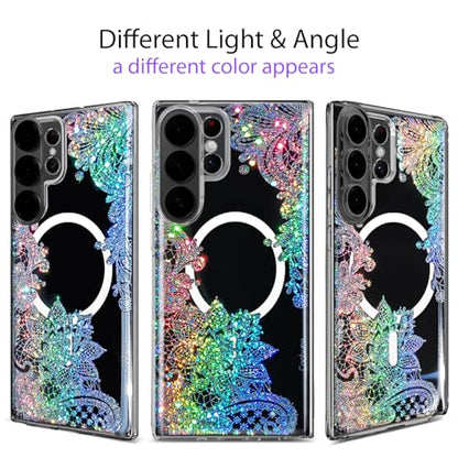 Magnetic for Samsung Galaxy S26 Ultra Case, Compatible with MagSafe, Cute for Women Girls, 10FT Military Grade Protective Cover for Galaxy S26 Ultra Case Glitter, Clear Bling Lace Mandala - size: 6.9 inch (for Galaxy S26 Ultra)
