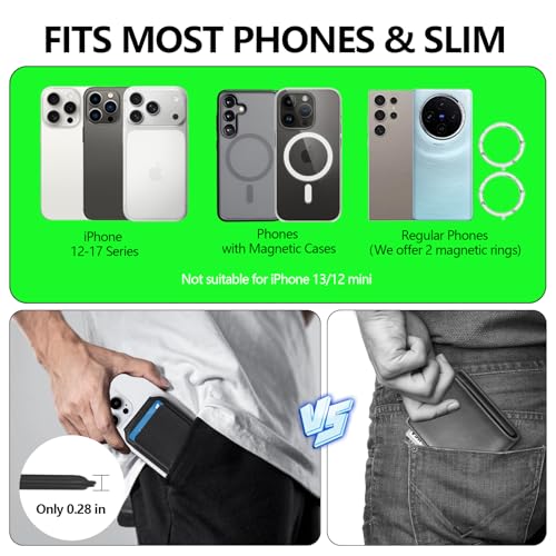 Magnetic Phone Wallet Stand for iPhone,4-Card Holder with RFID Blocking,6X Stronger Magnet,0.28in Slim Vegan Leather,Built-in Mirror &180° Stand for iPhone 17/16/15/14/13/12 Series(Black) - color: Black