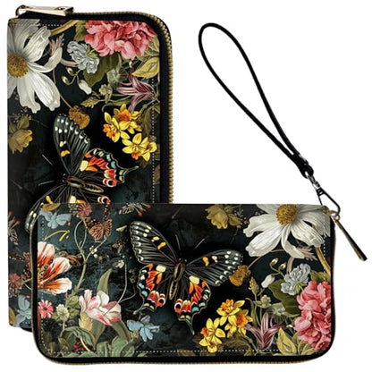 Ladies Wallet,Clutch Purses for Women Wallets Leather Credit Card Holder for Women Wristlet Slim Small Cute with Zipper,Thin RFID Blocking with Wrist Strap,Butterfly Flower - color: Butterfly Flower