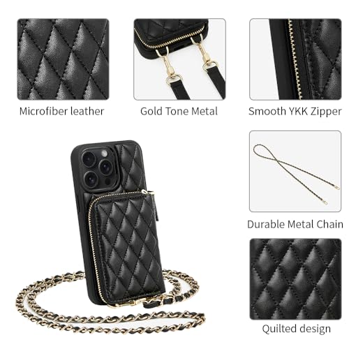 LAMEEKU Compatible with iPhone 13 Pro Wallet Case, Quilted Leather Crossbody with Chain Strap for Women Shockproof Cover 6.1 Inch-Black - color: Black-01, size: iPhone 13 Pro 6.1"