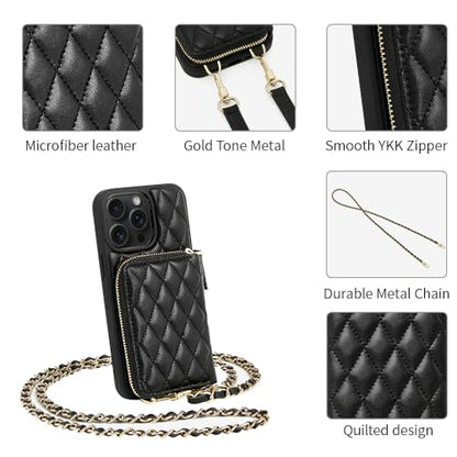 LAMEEKU Compatible with iPhone 13 Pro Max Wallet Case, Crossbody Chain Case Quilted Leather for iPhone 13 Pro Max, 6.7 Inch-Black - color: Black-01, size: iPhone 13 Pro Max-6.7"