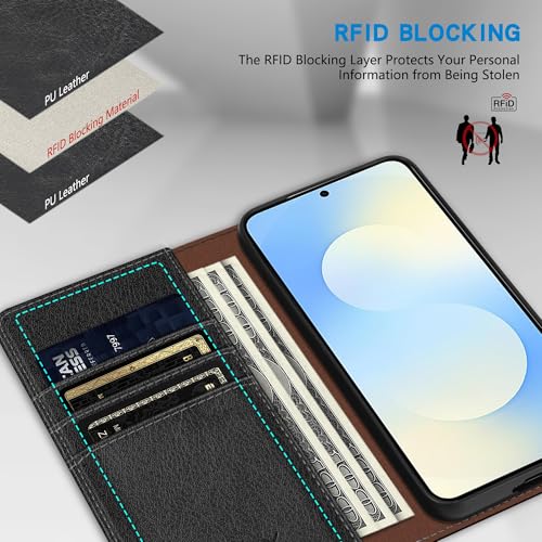 ZZXX for Samsung Galaxy S25 FE Wallet Case with [RFID Blocking] Card Slot Stand Strong Magnetic PU Leather Flip Fold Protective Phone Case for Samsung Galaxy S25 FE Case Wallet(Black-6.7 inch) - color: Black