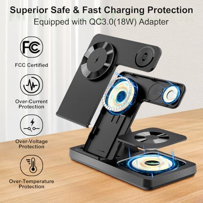 Magnetic 3 in 1 Wireless Charging Station for iPhone 12-17 Series, Charging Station for Multiple Devices, Mag Safe Wireless Charger Stand for Apple Watch Series/Ultra/SE & AirPods 4/3/2/Pro