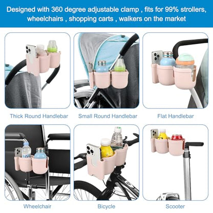 Accmor Stroller Cup Holder with Phone Holder, Bike Cup Holder, Universal Cup Holder for Uppababy Nuna Strollers, 2-in-1 Drinks Holder for Walker, Wheelchair, Scooter - color: Double Holder-All Crystal Pink