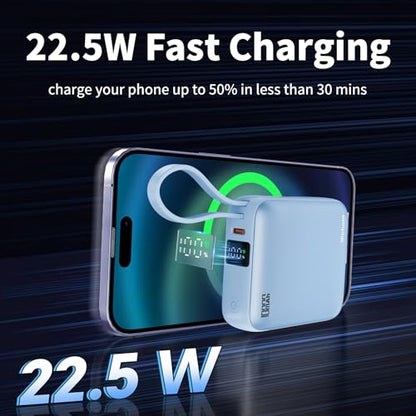 Hichain Mini Portable Charger with Built in Cables LED Display, Mini Power Bank 10000mAh 22.5W USB-C Fast Charging Portable Charger, Small Power Bank for iPhone Compatible with iPad & Android Blue - color: Blue