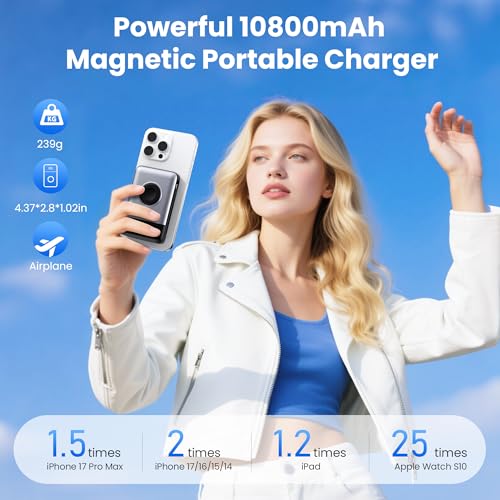 Ekrist Magnetic Portable Charger 10800mAh for MagSafe with Built-in Cable,iWatch Charger,Wireless Power Bank Travel Essentials,25W Fast Charging Battery Pack for iPhone 17/16/15/14,Apple Watch(Sliver) - color: Sliver