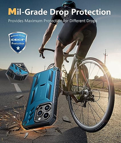 FNTCASE for iPhone 15 Pro Max Case, Built-in Screen Protector, Kickstand | Military-Grade Drop Protection, Anti-Slip Matte Textured, Rugged Heavy Duty Shockproof TPU Protective Cover - color: Blue