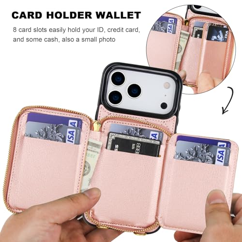 Bocasal Crossbody Wallet Case Card Holder for iPhone 17 Pro Max Rose Gold | RFID Blocking PU Leather Zipper Handbag Purse, Kickstand Flip Folio Case with Card Slots Holder Wrist Strap Lanyard 6.9 Inch - color: Rose Gold