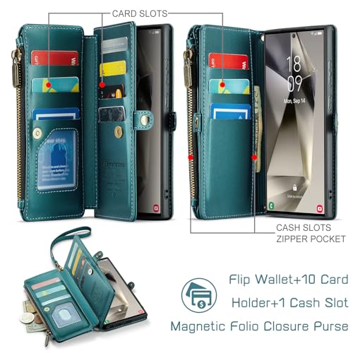 Defencase for Samsung Galaxy S23 Ultra Wallet Case with Card Holder, Green | Durable PU Leather, with RFID Blocking Zipper Pocket, Wrist Strap, S23 Ultra Flip Phone Cases Cover with Stand for Women Men - color: Fashion Blue Green
