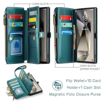 Defencase for Samsung Galaxy S23 Ultra Wallet Case with Card Holder, Green | Durable PU Leather, with RFID Blocking Zipper Pocket, Wrist Strap, S23 Ultra Flip Phone Cases Cover with Stand for Women Men - color: Fashion Blue Green