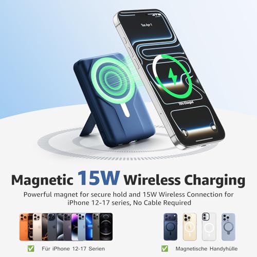 Azmuth for MagSafe Portable Charger, 10000mAh Magnetic Power Bank 20W PD | Fast Charging,Wireless Battery Pack with LED Display & Stand,Travel Essentials,for iPhone 17/16/15/14/13/12 Series - color: Blue