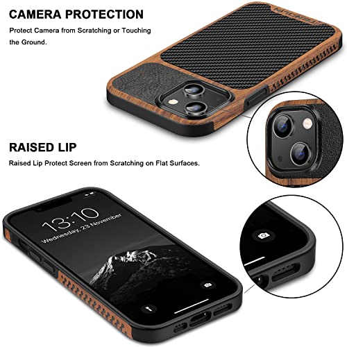 TENDLIN Compatible with iPhone 14 Plus Case Wood Grain with Carbon Fiber Texture Design Leather Hybrid Slim Case Black - color: Black, size: iPhone 14 Plus