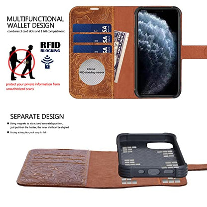 Leather case Compatible with iPhone 13 pro Max Wallet 6.7" Brown | Genuine Leather 2in-1 Magnetic Detachable Shockproof Case,Flip Folio Cover with Card Slot,Wireless Charging RFID Blocking - color: Brown, size: 6.7"-13 Pro Max