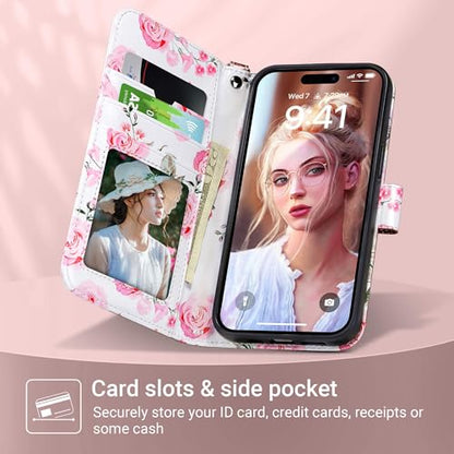 ULAK Compatible with iPhone 15 Pro Wallet Case with Card Holder, Rose Gold | [RFID Blocking] Flower Flip Case Wallet for Women Girls PU Leather Kickstand Wrist Strap Shockproof Cover 6.1 inch - color: Rose Gold, size: iPhone 15 Pro - 6.1 inch