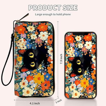 Ladies Wallet,Clutch Purses for Women Wallets Leather Credit Card Holder for Women Wristlet Slim Small Cute with Zipper,Thin RFID Blocking with Wrist Strap,Flower Black Cat - color: Flower Black Cat