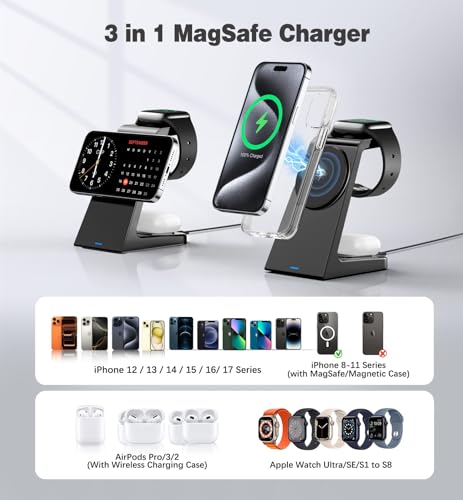 3 in 1 Magnetic Wireless Charging Station Apple 20W Charger Stand Magnetic Wireless Charger for iPhone 16 15 14 13 12 Pro/Pro Max/Plus/Mini AirPods 2/3/Pro iWatch Ultra/8/7/SE/6/5/4/3/2 (3 in 1)
