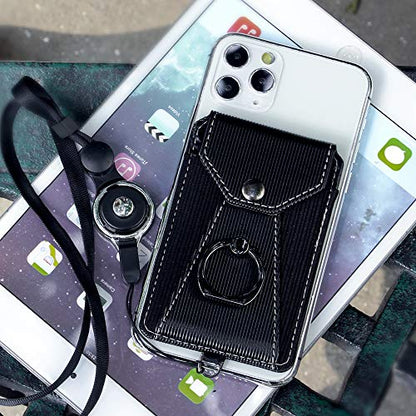 Cell Phone Card Holder,Card Holder for Back of Cell Phone with Ring Grip Stand,Adhesive Stick-on Credit Card Wallet Pocket with Detachable Neck Strap Black
