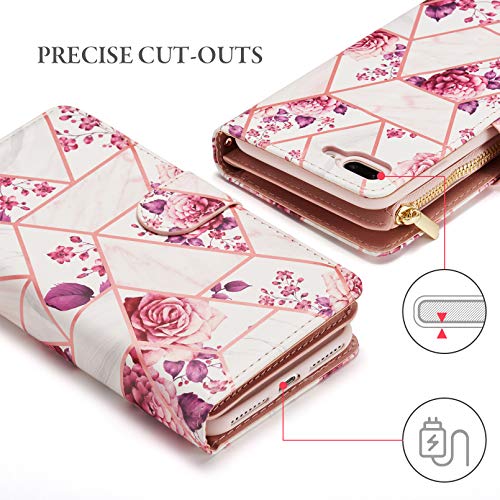 UEEBAI Wallet Case for iPhone 7 Plus iPhone 8 Plus, Premium PU Leather Case Magnetic Closure Geometric Marble Flower Pattern Handbag Zipper Pocket Case Kickstand Card Slots Flip Cover - Rose Gold#2 - color: Pink Flower, size: iPhone 7 Plus/iPhone 8 Plus
