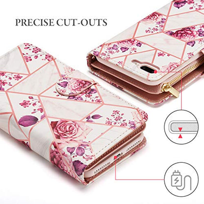 UEEBAI Wallet Case for iPhone 7 Plus iPhone 8 Plus, Premium PU Leather Case Magnetic Closure Geometric Marble Flower Pattern Handbag Zipper Pocket Case Kickstand Card Slots Flip Cover - Rose Gold#2 - color: Pink Flower, size: iPhone 7 Plus/iPhone 8 Plus