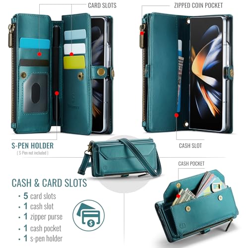 Strapurs Crossbody Wallet Case Compatible with Samsung Galaxy Z Fold 4 with RFID Blocking Card Holder & Pen Holder Slot Soft PU Leather Shoulder Strap Zipper Pocket Purse Fold 4 Phone Case, Blue Green | RFID Blocking 5-Card Holder, Shoulder Lanyard, Wirst