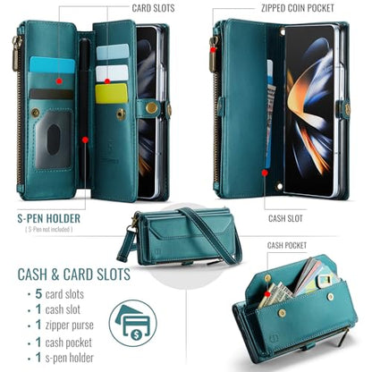 Strapurs Crossbody Wallet Case Compatible with Samsung Galaxy Z Fold 4 with RFID Blocking Card Holder & Pen Holder Slot Soft PU Leather Shoulder Strap Zipper Pocket Purse Fold 4 Phone Case, Blue Green | RFID Blocking 5-Card Holder, Shoulder Lanyard, Wirst