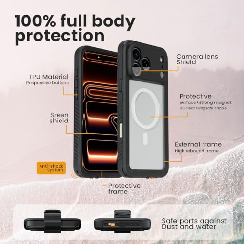 MOTIVE Waterproof Case with Belt Clip iPhone 17 Pro Max, Magnetic | 6.9" | Built-in screen protector, 360° protection, compatible with MagSafe, 360° belt holster - size: iPhone 17 Pro Max