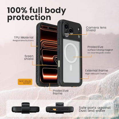 MOTIVE Waterproof Case with Belt Clip iPhone 17 Pro Max, Magnetic | 6.9" | Built-in screen protector, 360° protection, compatible with MagSafe, 360° belt holster - size: iPhone 17 Pro Max