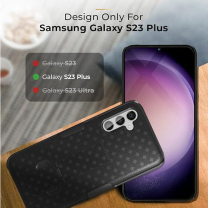 MOTIVE for Samsung Galaxy s23 Plus Case with Belt Clip, Kickstand | 6.6" | Ranger v1 Series, Black, 360° holster, open-top/bottom port access grip, slim - size: S23 Plus