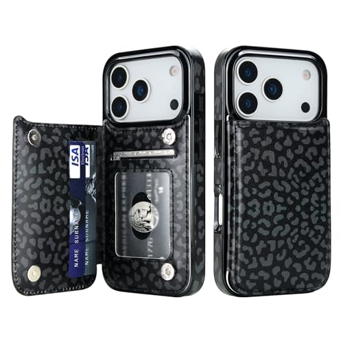 HAOPINSH Wallet Case with Card Holder for iPhone 17 Pro, Black Leopard Cheetah Pattern Back Flip Folio PU Leather Kickstand Card Slots Case for Women, Double Magnetic Clasp Shockproof 6.3" - color: Black Leopard