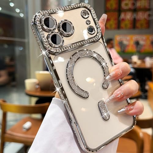 MINFEDUCT Glitter Diamond Magnetic Case for iPhone 17 Pro Max Clear Support Wireless Charging 17 Pro Max Case Women Girls Cute Bling Luxury Shiny Sparkle Shockproof Protective Cover 6.9", Silver - color: Silver, size: For iPhone 17 Pro Max 6.9"