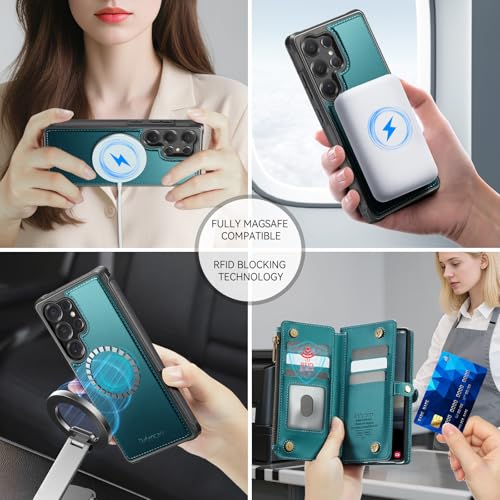 Defencase for Galaxy S24 Ultra Case Wallet Compatible with Magsafe, Green | Magnetic Detachable, RFID Bolcking Card Holder, Zipper Strap, PU Leather Drop-Proof Phone Cover for Samsung Galaxy S24 Ultra - color: (Detachable with Magsafe)-Blue Green