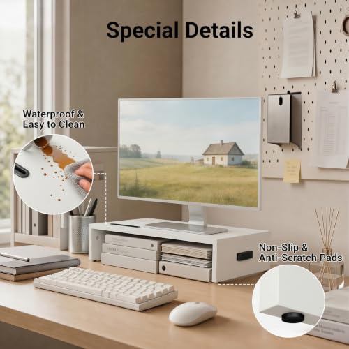BONTEC Monitor Stand Riser with Cellphone Holder & Cable Management - color: White, size: 16.7 Inch