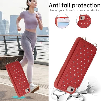 for iPhone 7/8/SE 2022/SE 2020 Wallet Case with Card Holder Slots and Strap, RFID Blocking Magnetic Flip Folio Cover, Crossbody Purse Protection Case with Kickstand,Red Diamond - color: Red Diamond, size: iPhone 7/8/SE 2022/SE 2020(6.6")