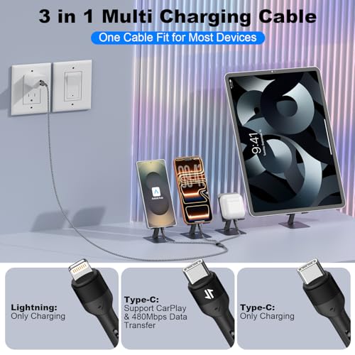 ANSEIP Multi Charging Cable, 3 in 1 Charging Cable for Multiple Devices - color: Black