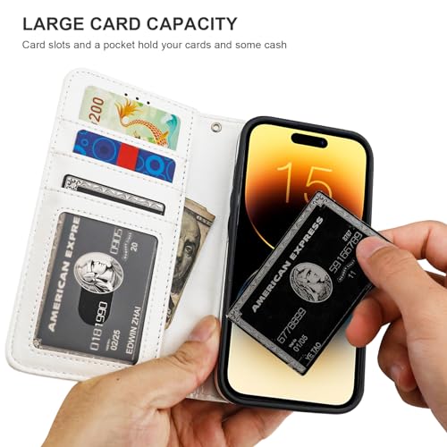 Bocasal Detachable Wallet Case Card Holder for iPhone 15, White | RFID Blocking Kickstand Card Slots Holder PU Leather Magnetic Shockproof Wrist Strap Removable Flip Protective Cover 6.1 inch - color: White