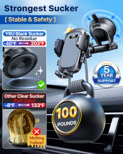 YRU【True Military-Grade Safety & Patent Certs 360°Rotation Car Phone Holder【100+LBS Strong Suction & Clip】 Windshield Dash Vent Cell Phone Mount Cradle for iPhone17 16 Pro Max Truck Samsung, Grey - color: Grey