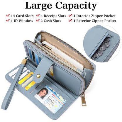 GAEKEAO RFID Leather Wristlet Wallet for Women with Grip Strap | Large capacity clutch wallet, credit card holder, wrist strap, zipper purse, travel and shopping - color: Blue