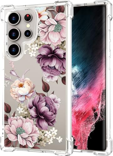 Hungo Galaxy S24 Ultra Case for Women Floral Flower Clear Design Cute,Girly Girls Flower Case Compatible with Samsung Galaxy S24 Ultra Pink Rose - color: Purple Roses