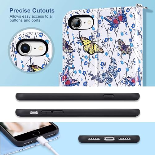 ULAK for iPhone SE 3(2022)/SE(2020)/8/7 Wallet Case Card Holder, Butterfly | Premium PU Leather Flip Case with Kickstand Card Slots,RFID Blocking,Wrist Strap, Durable Shockproof Cover 4.7 Inch - color: Butterfly