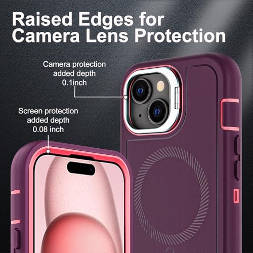 YKHJKLEC for iPhone 15 Case, Military Grade 3 in 1 Heavy Duty Shockproof/Drop Proof/Dust Proof with Kickstand Case, with 2 x Tempered Glass Screen Protector (ZJ-Purple/Pink) - color: ZJ-Purple/Pink