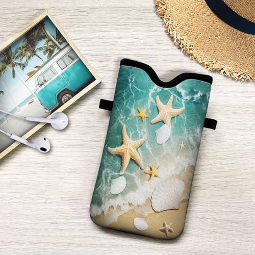 Universal Neoprene Cell Phone Pouch 7.1 X 4 in Mobile Protection Case Bag with Crossbody Strap/Neck Lanyard Beach Starfish Shells - color: Beach Starfish Shells